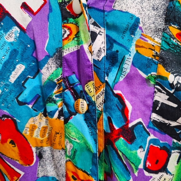 silk 80s oversized luxury V neck   regal Hawaii slick button front blouse L - Picture 3 of 9